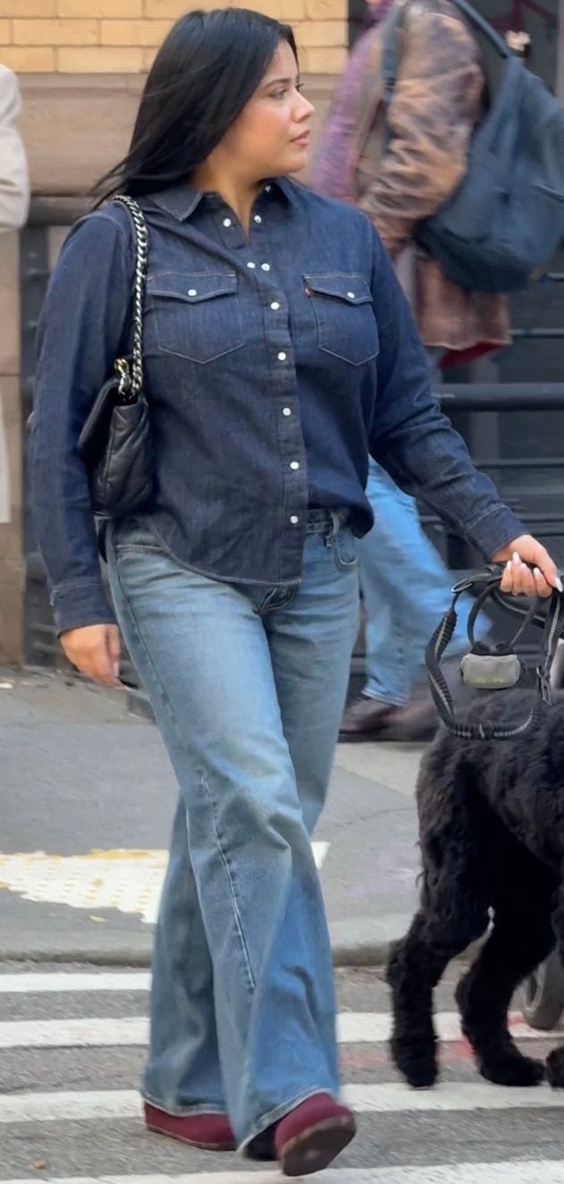 Denim button-up shirt and light wash flare jeans with a black quilted bag, walking a dog.