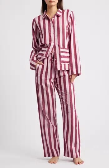 Maroon and pink striped pajama shirt with matching wide-leg pants.