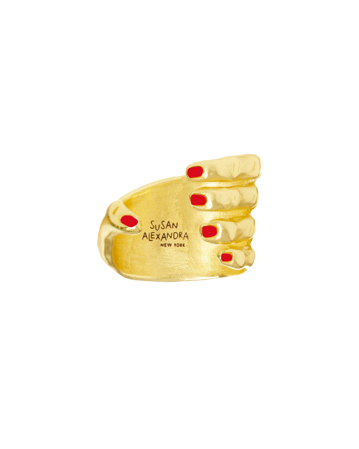 Gold hand-shaped clutch with red nails and "Susan Alexandra New York" inscription.