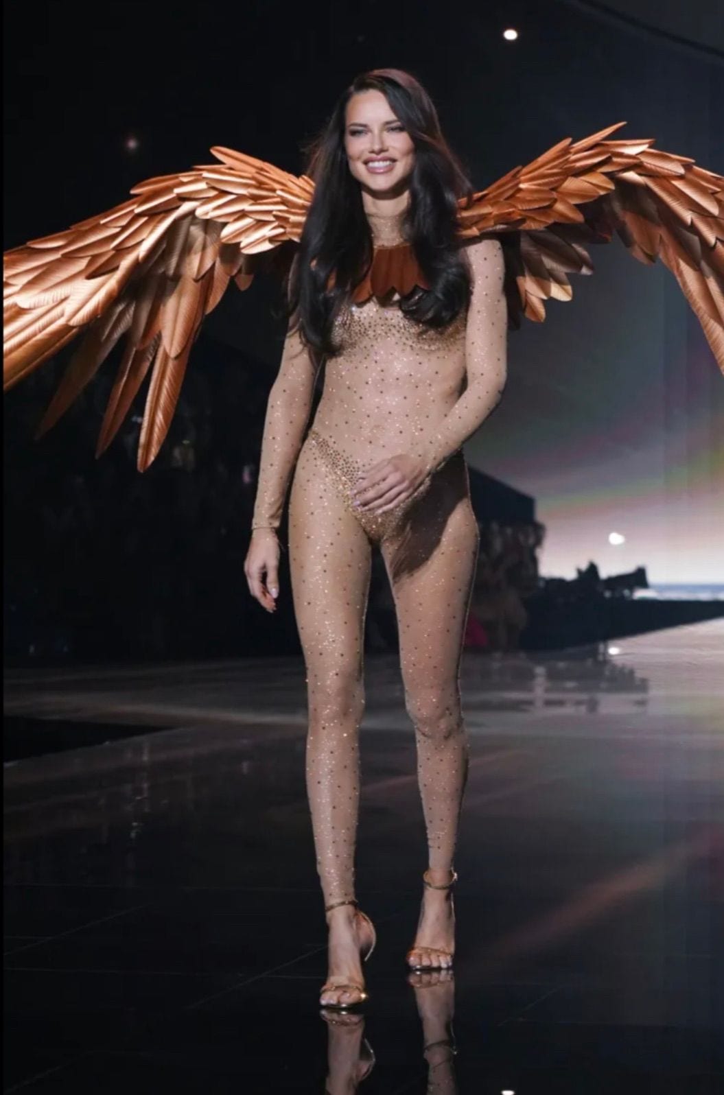 Sheer nude bodysuit with gold rhinestones, matching heels, and large copper wings.