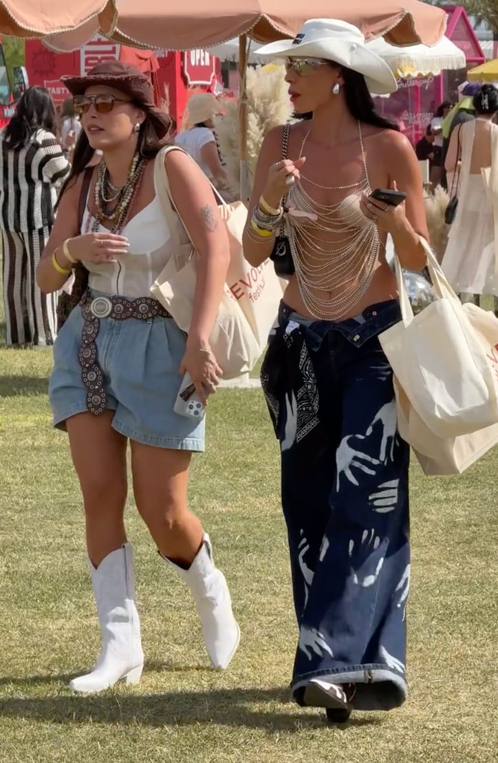 Festival fashion with cowboy hats, a white bustier, denim shorts, and embellished jeans.