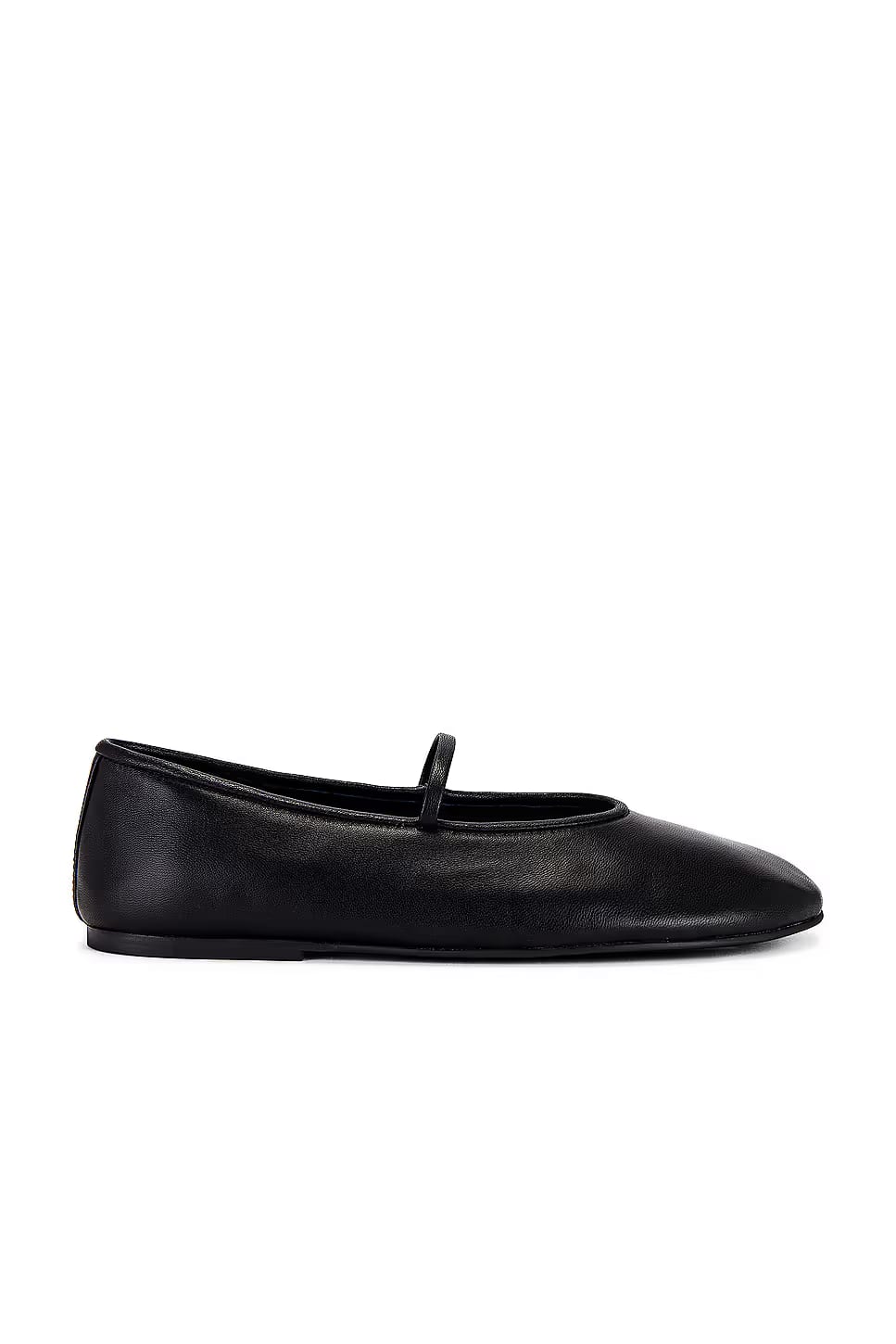 Black leather square-toe ballet flats with a thin Mary Jane strap.