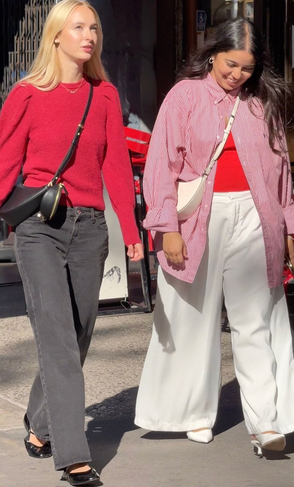 Red textured sweater with black jeans, and red striped shirt with white wide-leg pants.