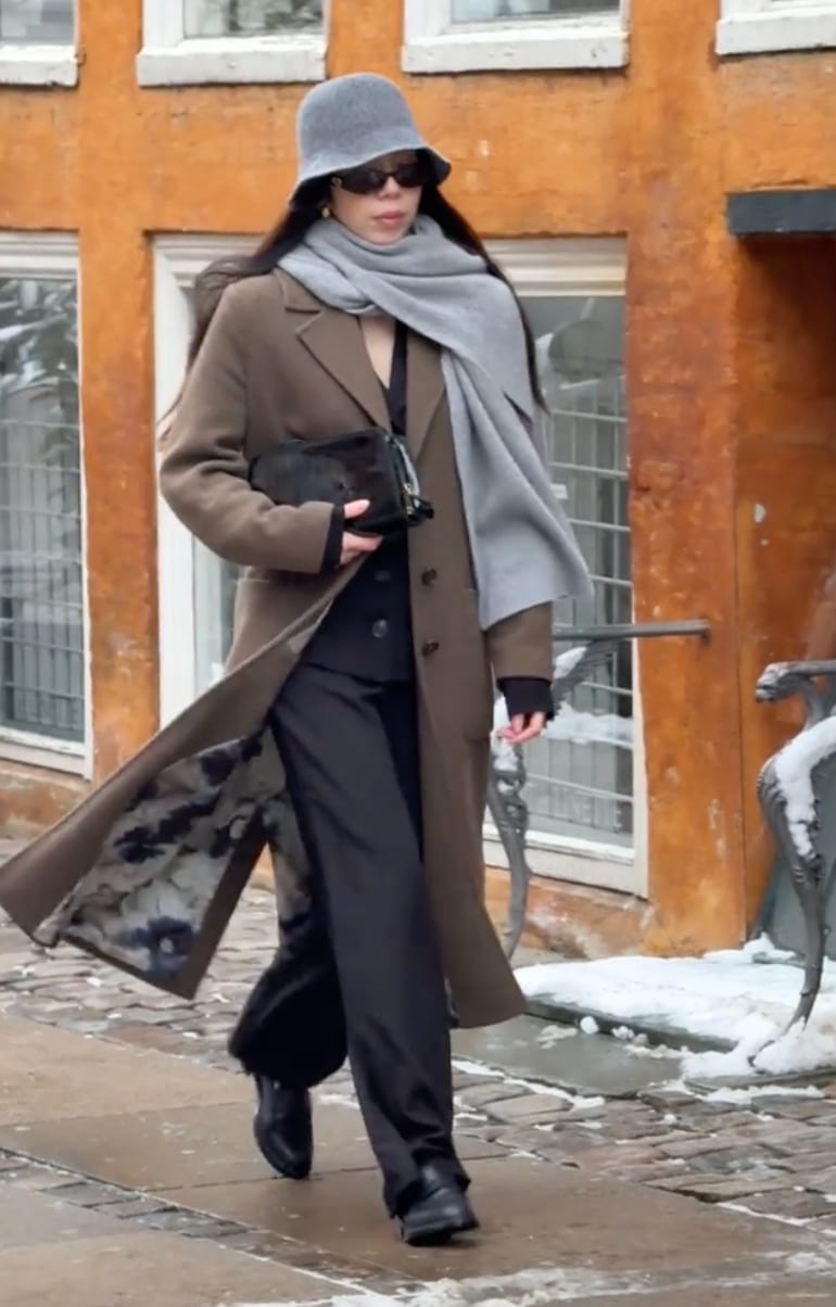 Brown long coat with patterned lining, black wide-leg pants, gray scarf, gray bucket hat, and sunglasses.
