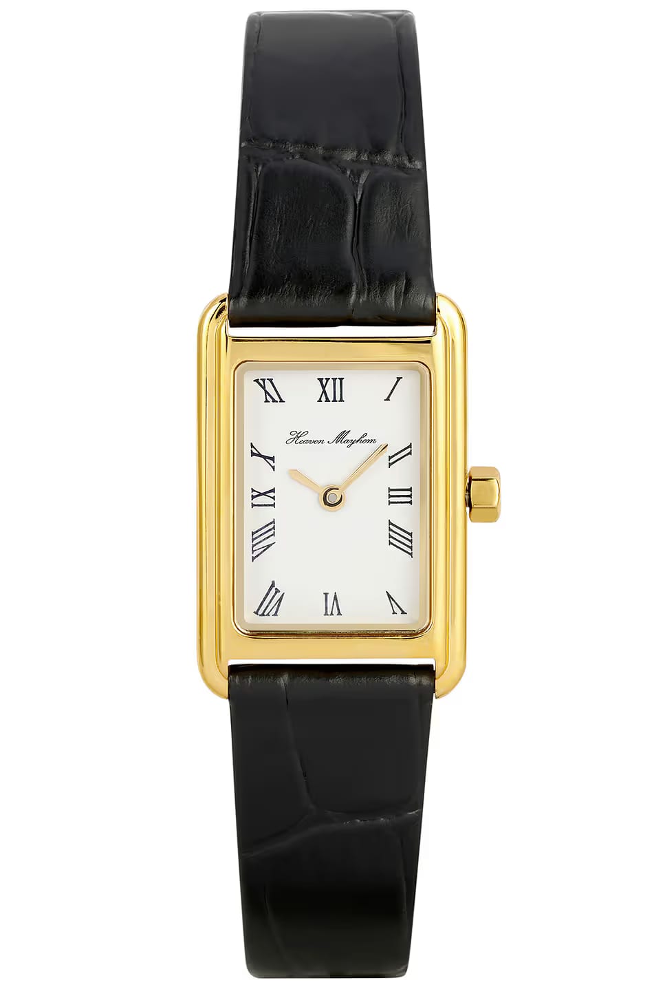 Gold rectangular watch with white face, Roman numerals, and black croc-effect leather strap.