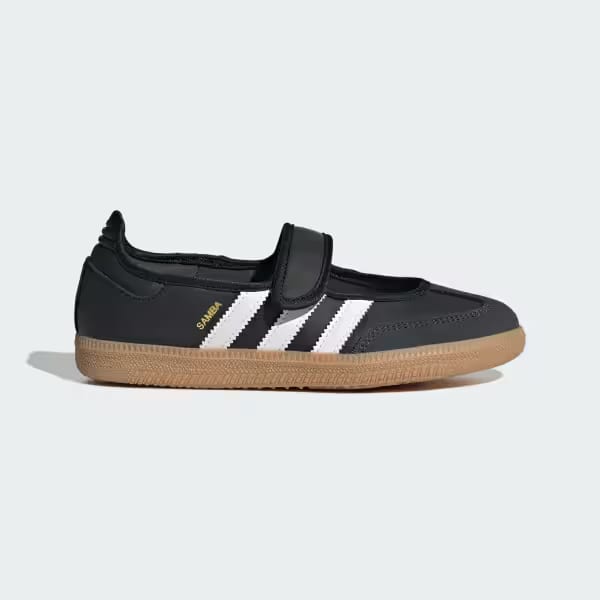 Black Adidas Samba Mary Jane shoes with white stripes and a gum sole.